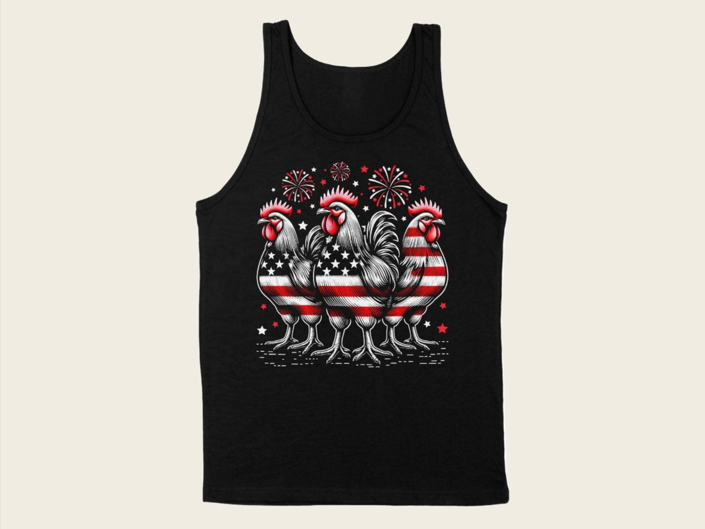 T-Shirt Adult Tank Top / S / Black Patriotic Roosters with Fireworks Shirt