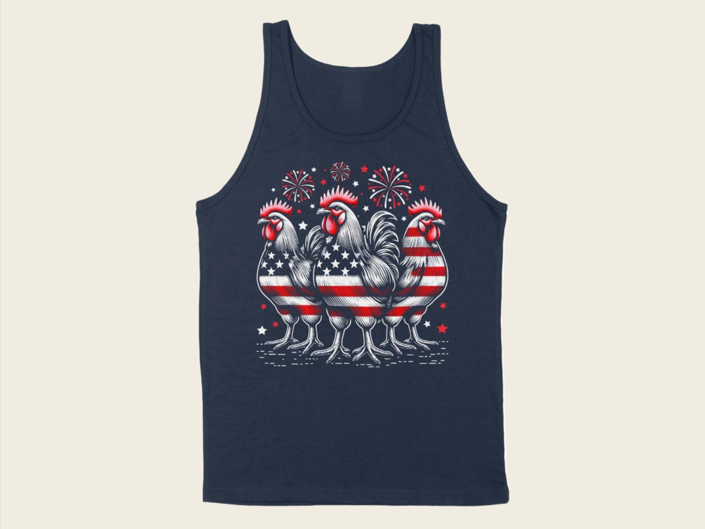 T-Shirt Adult Tank Top / S / Navy Patriotic Roosters with Fireworks Shirt