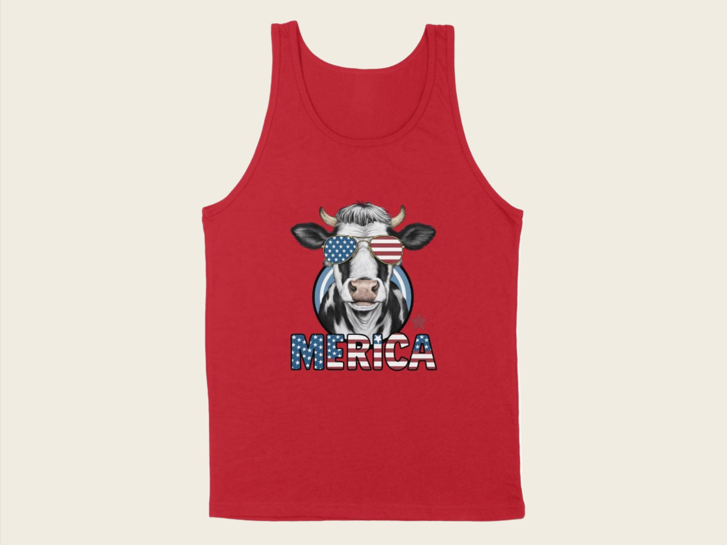 T-Shirt Adult Tank Top / S / Red Patriotic Cow with Sunglasses Shirt