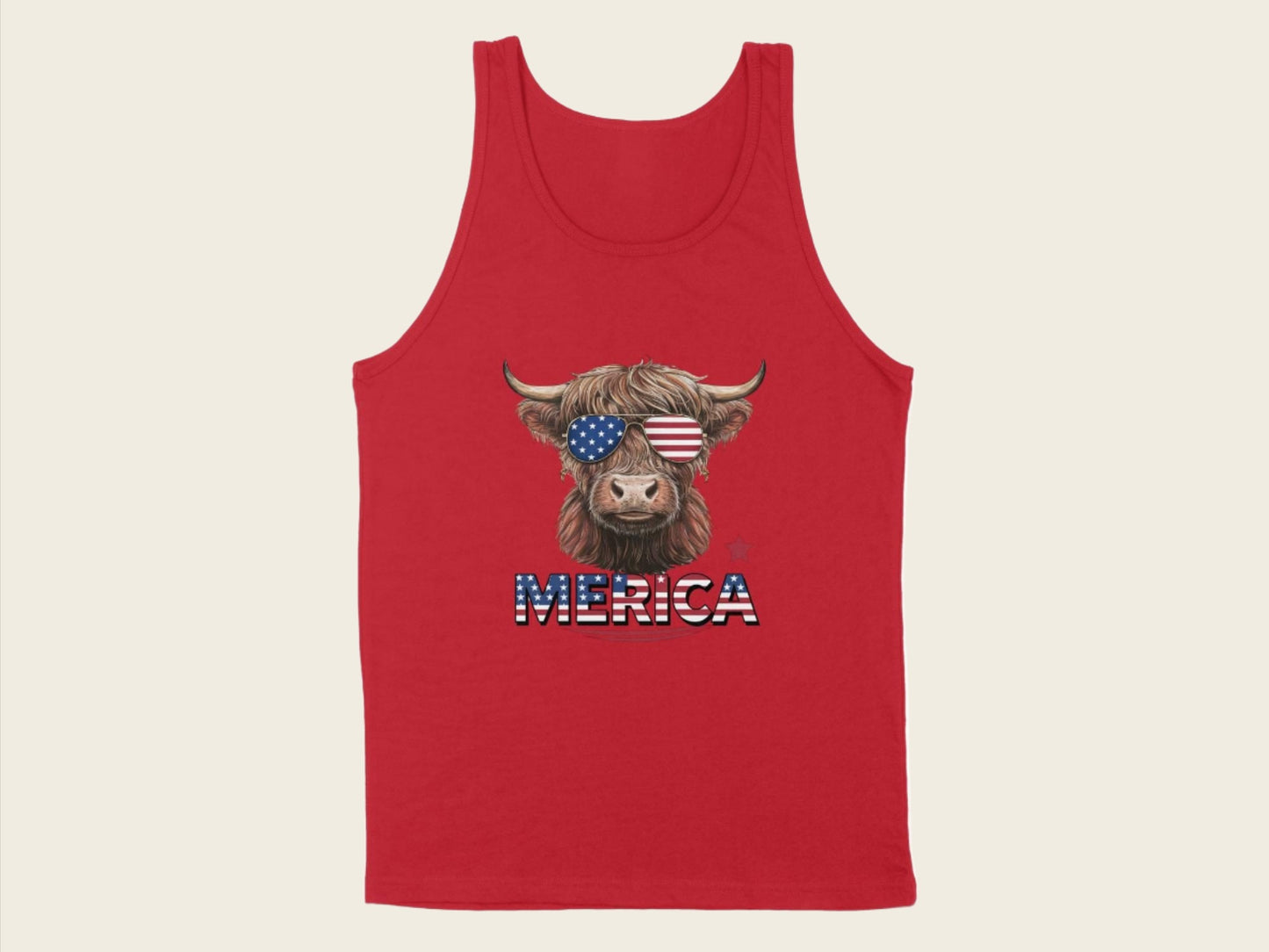 T-Shirt Adult Tank Top / S / Red Patriotic Highland Cow with Sunglasses Shirt