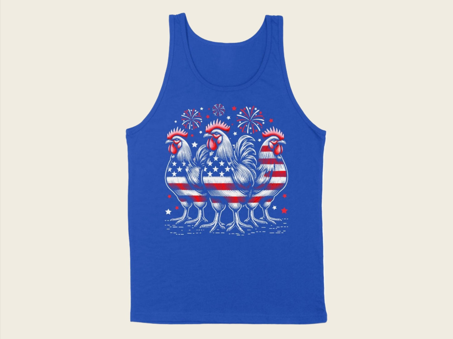 T-Shirt Adult Tank Top / S / True Royal Patriotic Roosters with Fireworks Shirt