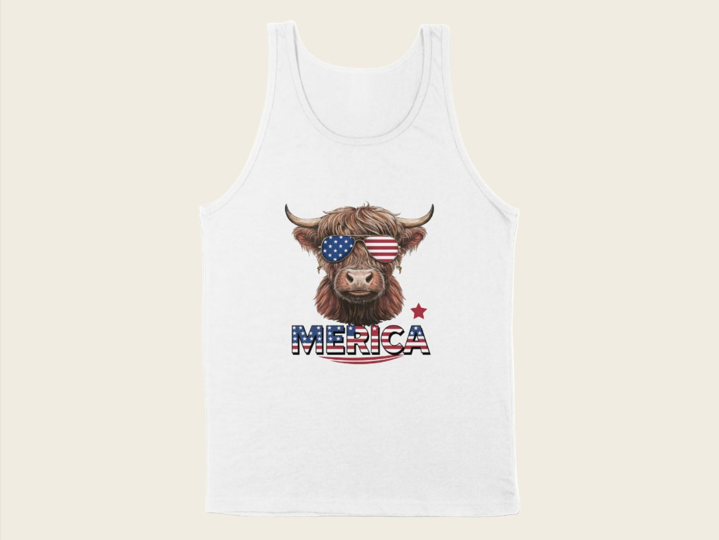 T-Shirt Adult Tank Top / S / White Patriotic Highland Cow with Sunglasses Shirt