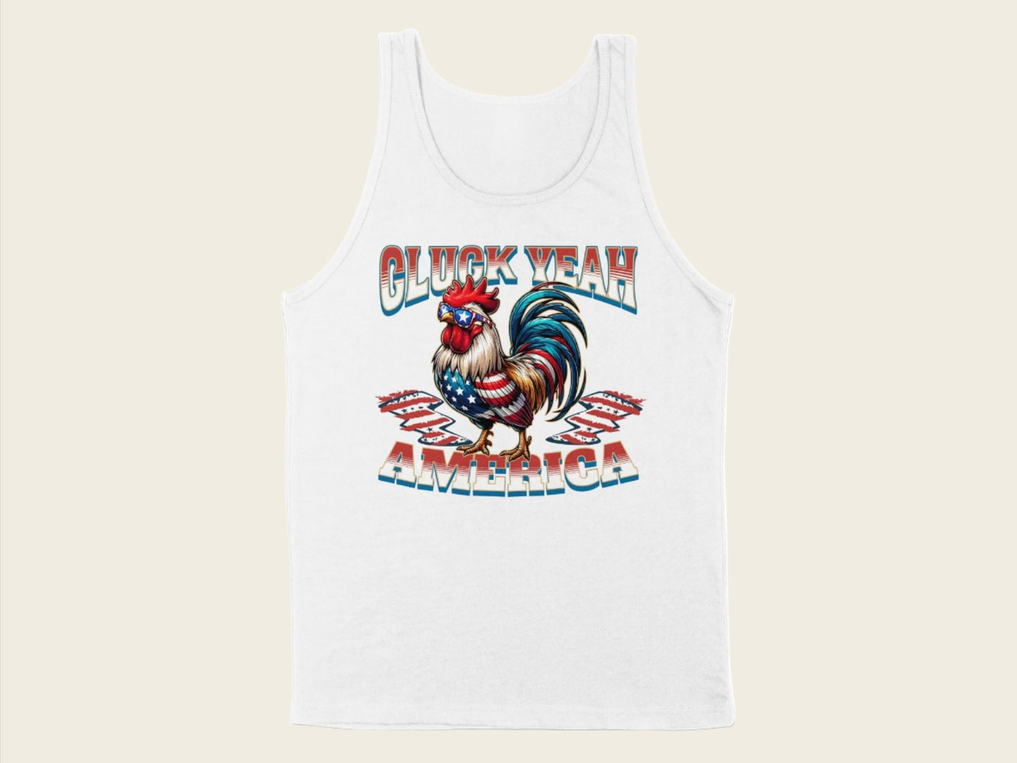 T-Shirt Adult Tank Top / S / White Patriotic Rooster and Stars Cluck Yeah Shirt