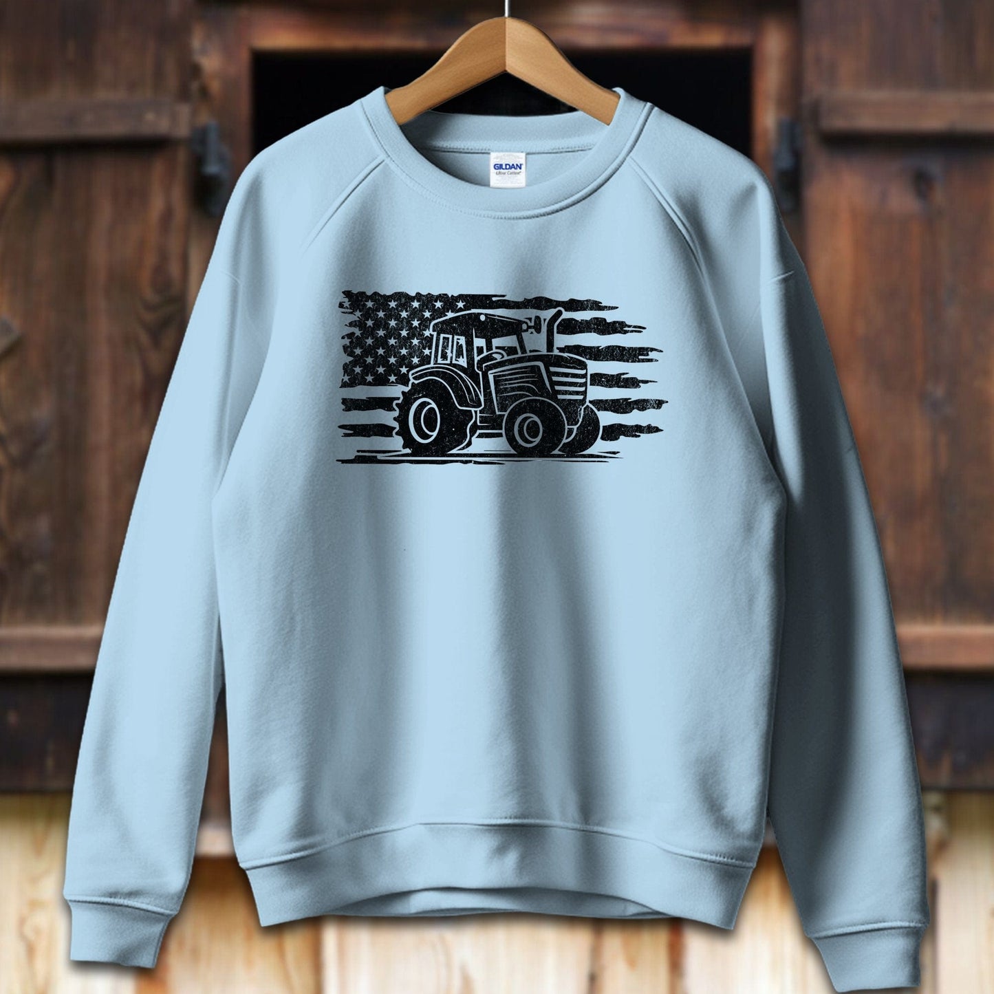 Unisex Shirt Adult Sweatshirt / S / Light Blue Vintage American Flag Tractor Shirt