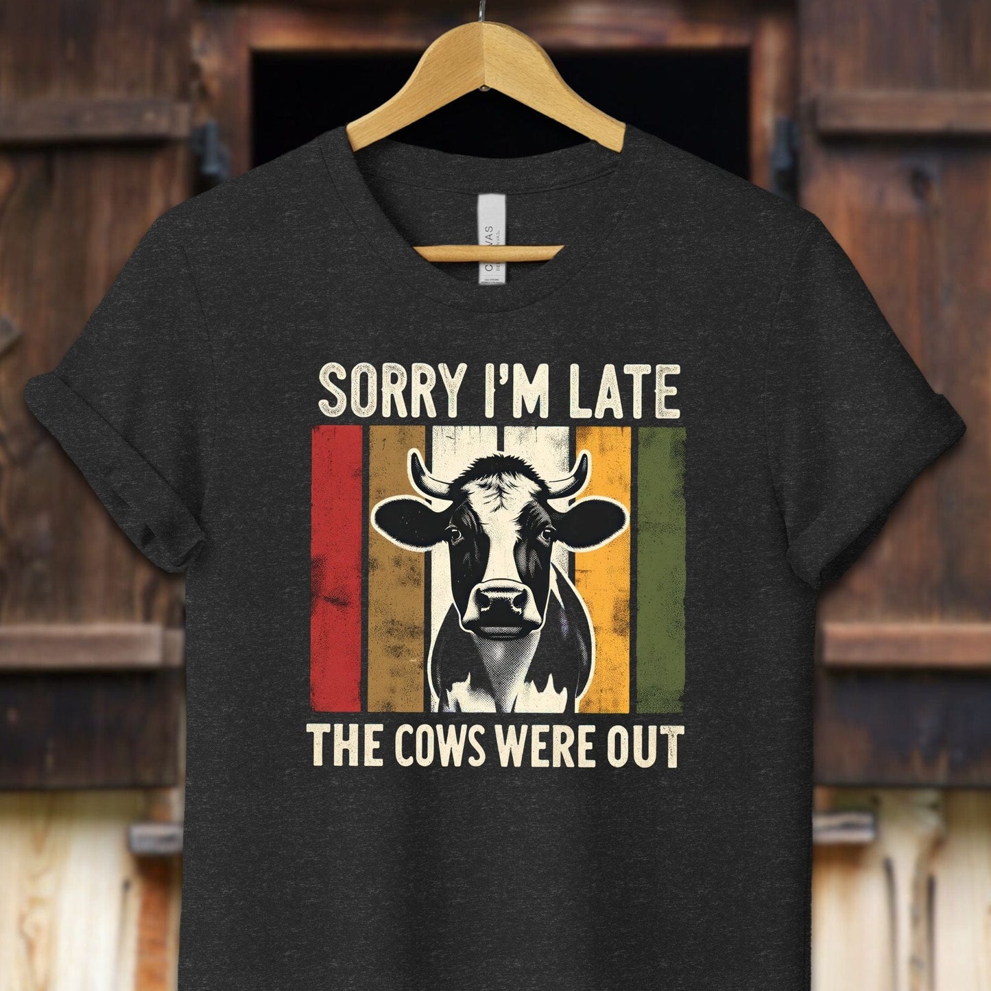 Unisex Shirt Adult T-Shirt / XS / Black Heather Sorry I'm Late Cows Were Out Shirt