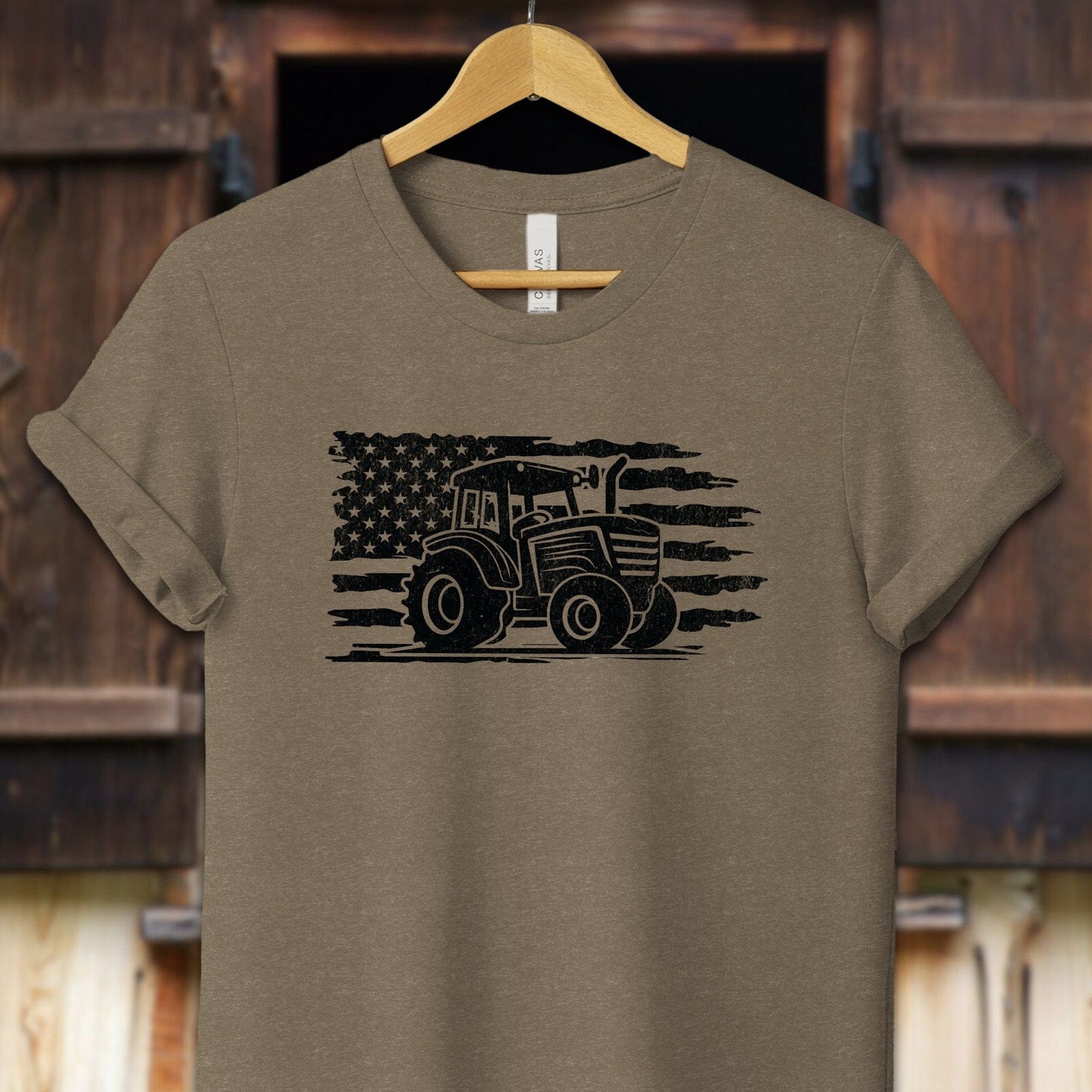 Unisex Shirt Adult T-Shirt / XS / Heather Olive Vintage American Flag Tractor Shirt