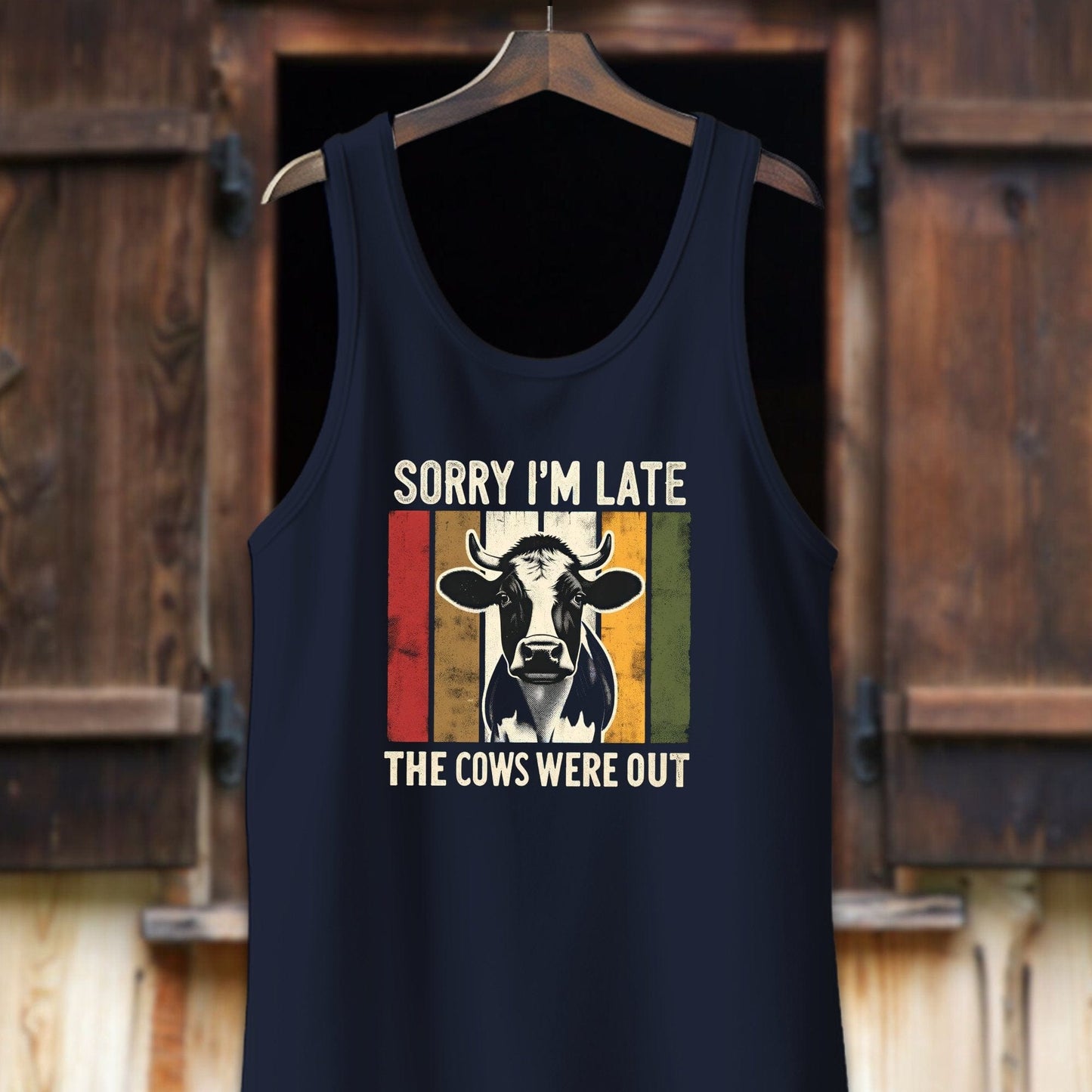 Unisex Shirt Adult Tank Top / XS / Navy Sorry I'm Late Cows Were Out Shirt