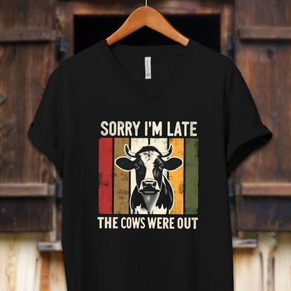 Unisex Shirt Adult V-neck / S / Black Sorry I'm Late Cows Were Out Shirt