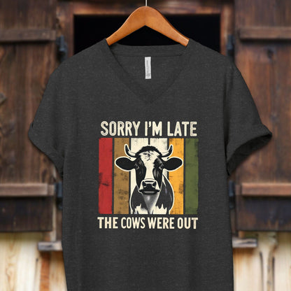 Unisex Shirt Adult V-neck / S / Dark Grey Heather Sorry I'm Late Cows Were Out Shirt