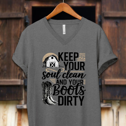 Unisex Shirt Adult V-neck / S / Deep Heather Clean Soul and Dirty Boots Shirt