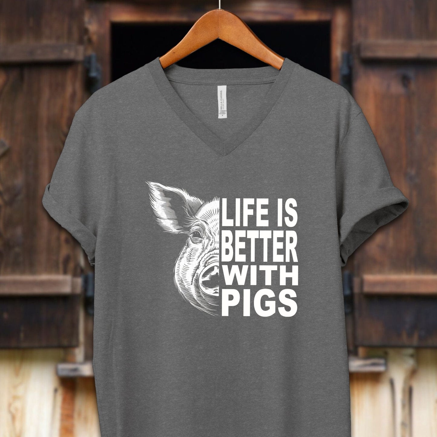 Unisex Shirt Adult V-neck / S / Deep Heather Life is Better with Pigs Shirt