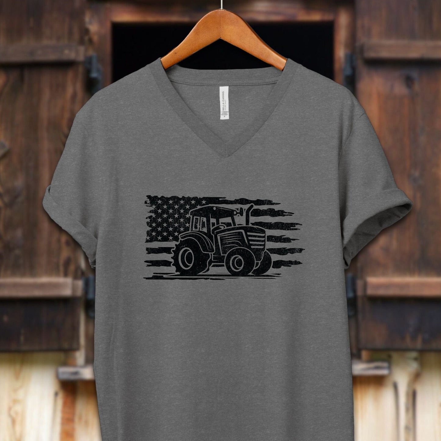 Unisex Shirt Adult V-neck / S / Deep Heather Vintage American Flag Tractor Shirt