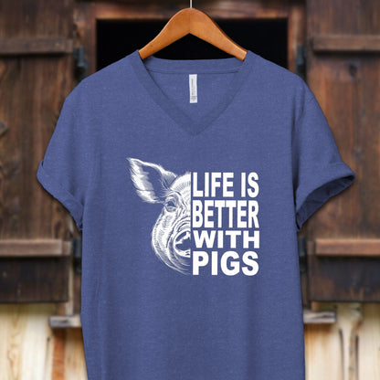 Unisex Shirt Adult V-neck / S / Heather True Royal Life is Better with Pigs Shirt