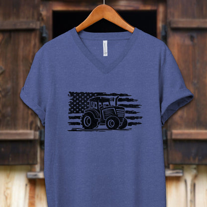 Unisex Shirt Adult V-neck / S / Heather True Royal Vintage American Flag Tractor Shirt