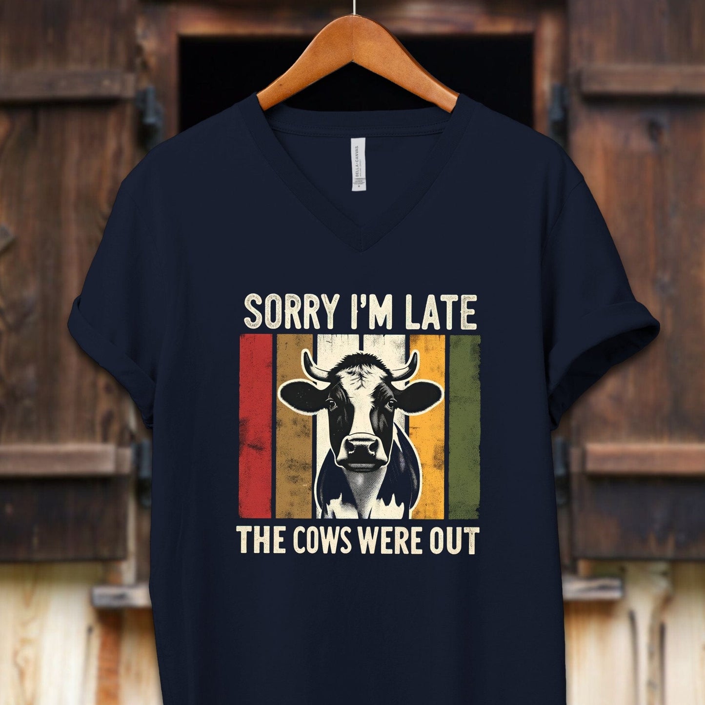 Unisex Shirt Adult V-neck / S / Navy Sorry I'm Late Cows Were Out Shirt