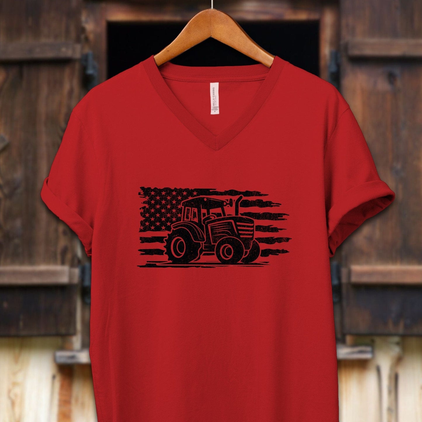 Unisex Shirt Adult V-neck / S / Red Vintage American Flag Tractor Shirt