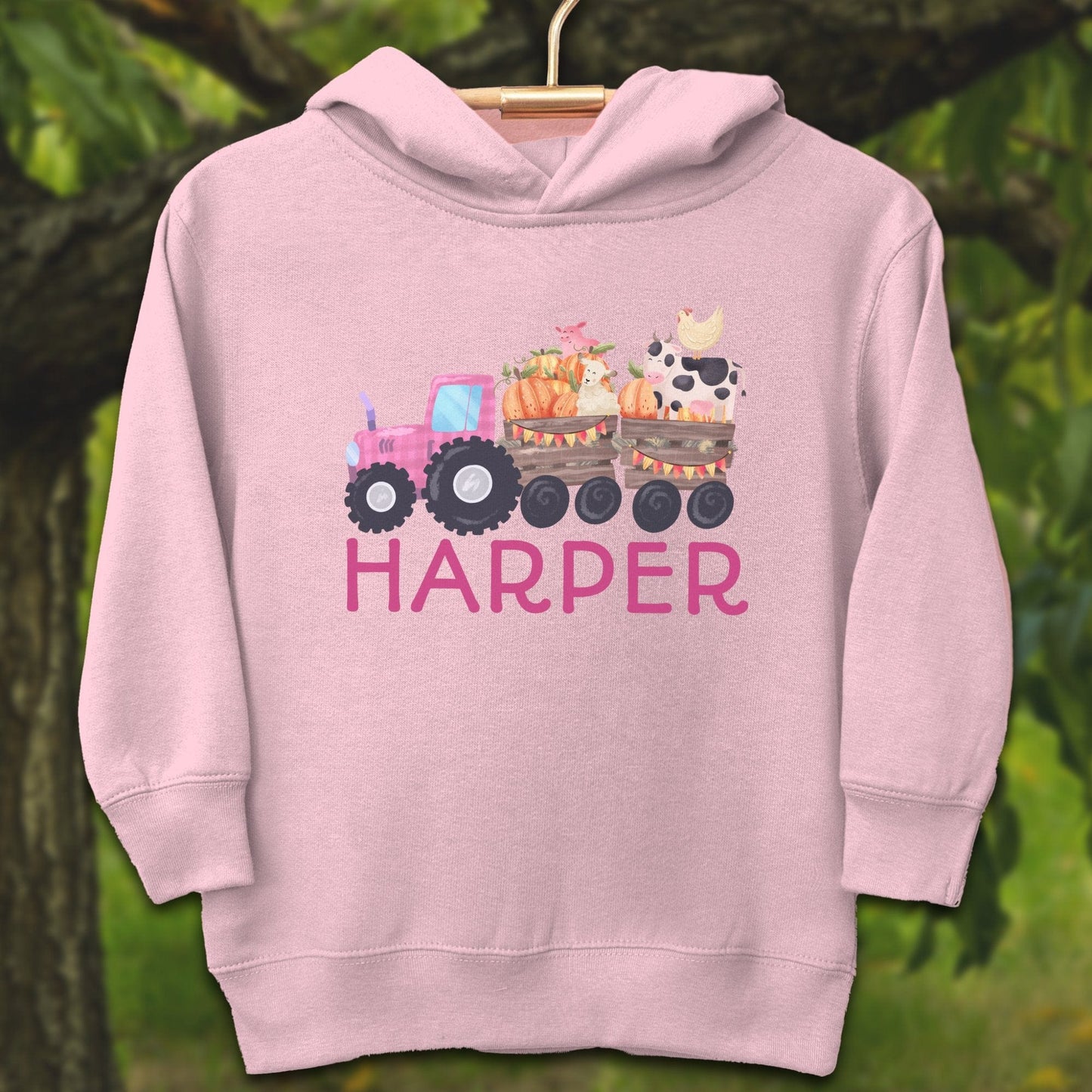 Youth Shirts Hooded Sweatshirt Toddler / 2T / Pink Personalized Cute Pink Tractor - Youth Shirt