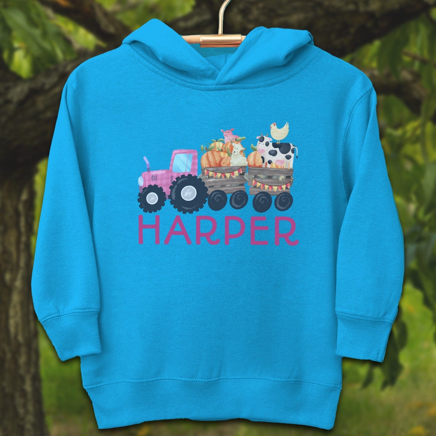 Youth Shirts Hooded Sweatshirt Toddler / 2T / Turquoise Personalized Cute Pink Tractor - Youth Shirt