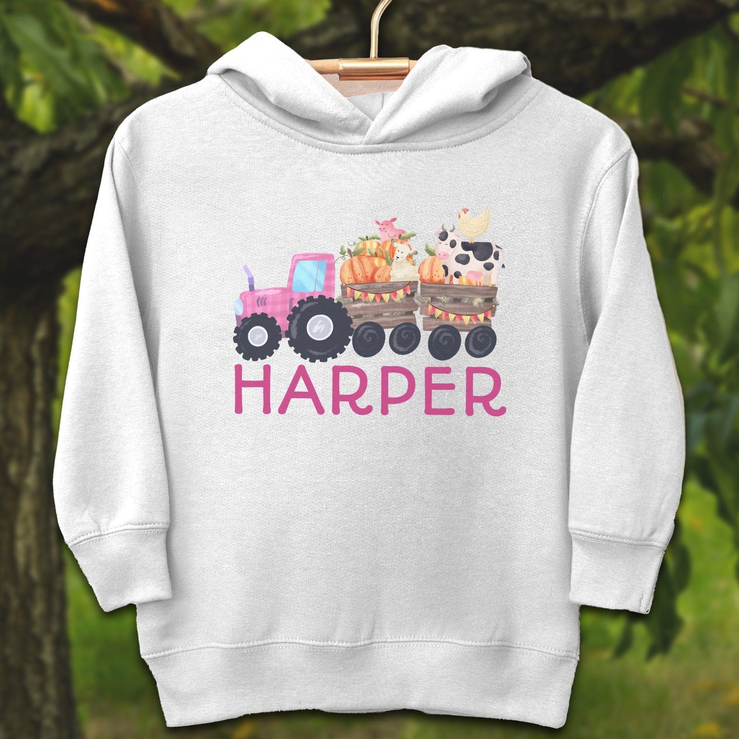 Youth Shirts Hooded Sweatshirt Toddler / 2T / White Personalized Cute Pink Tractor - Youth Shirt