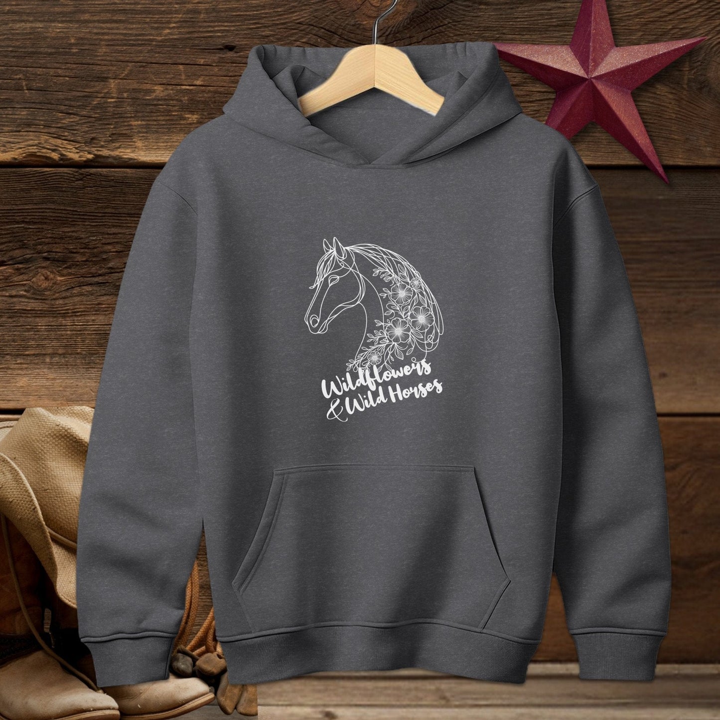 Youth Shirts Hooded Sweatshirt Youth / Dark Heather / S Wildflowers And Wild Horses - Youth Shirt