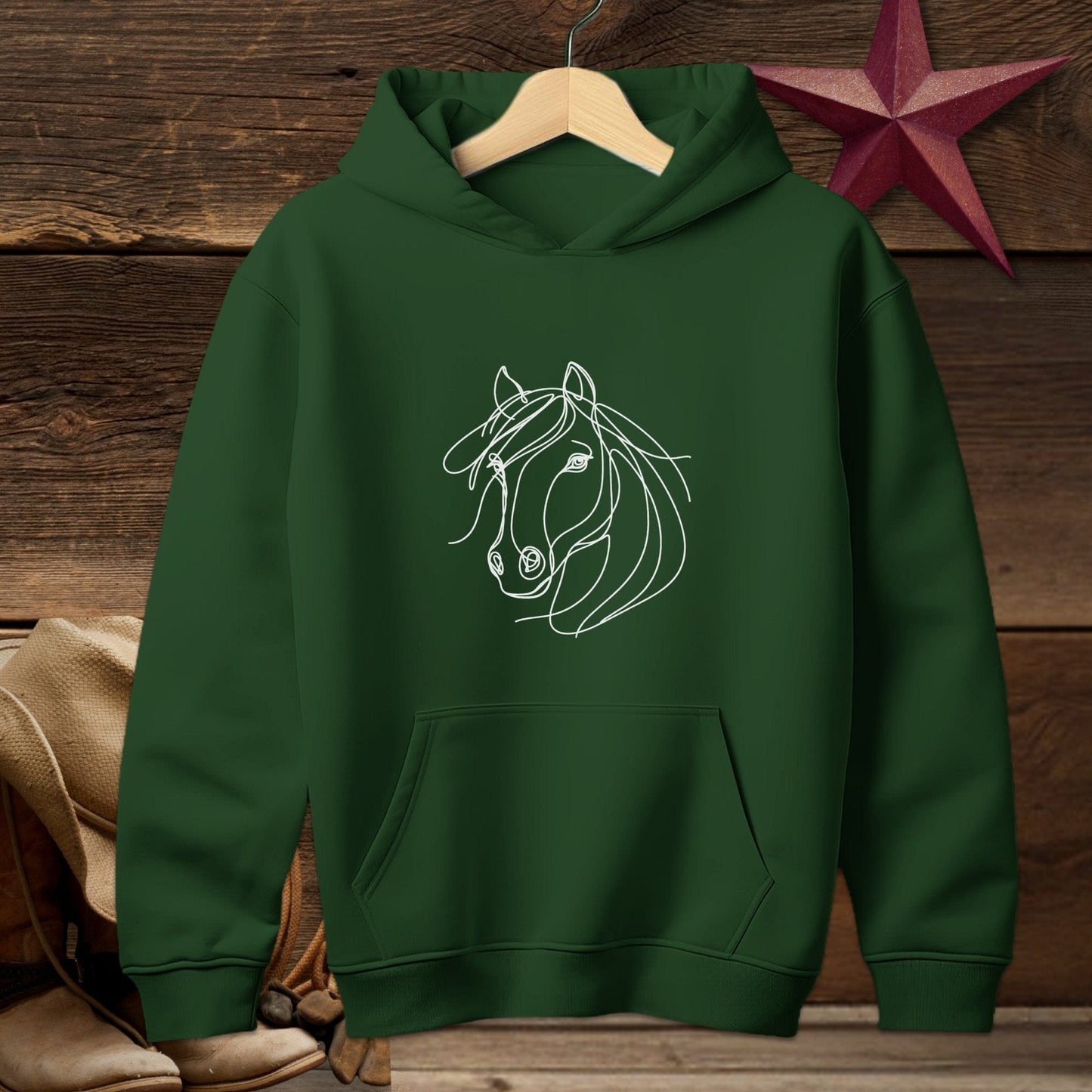 Youth Shirts Hooded Sweatshirt Youth / Forest Green / S Elegant Horse Line Art Youth - Shirt