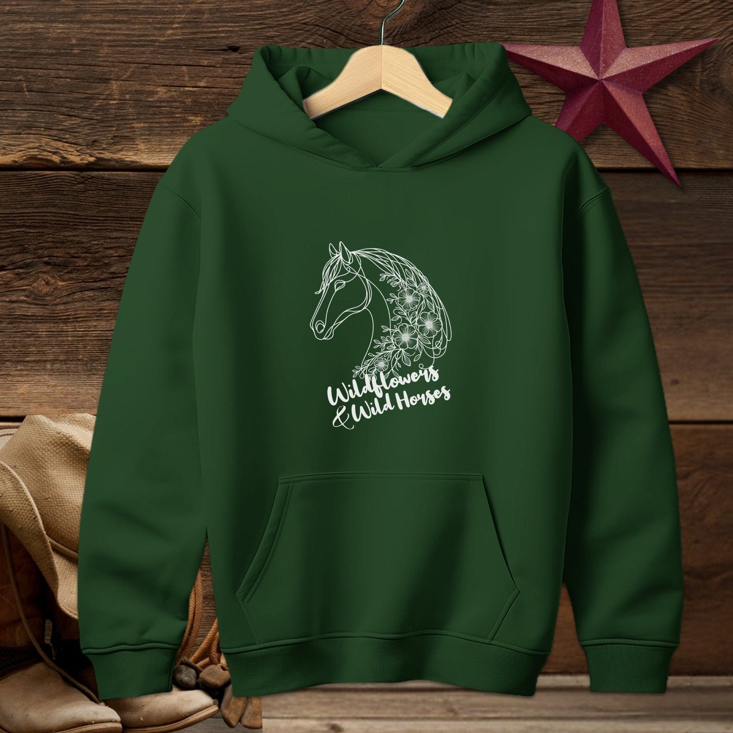 Youth Shirts Hooded Sweatshirt Youth / Forest Green / S Wildflowers And Wild Horses - Youth Shirt