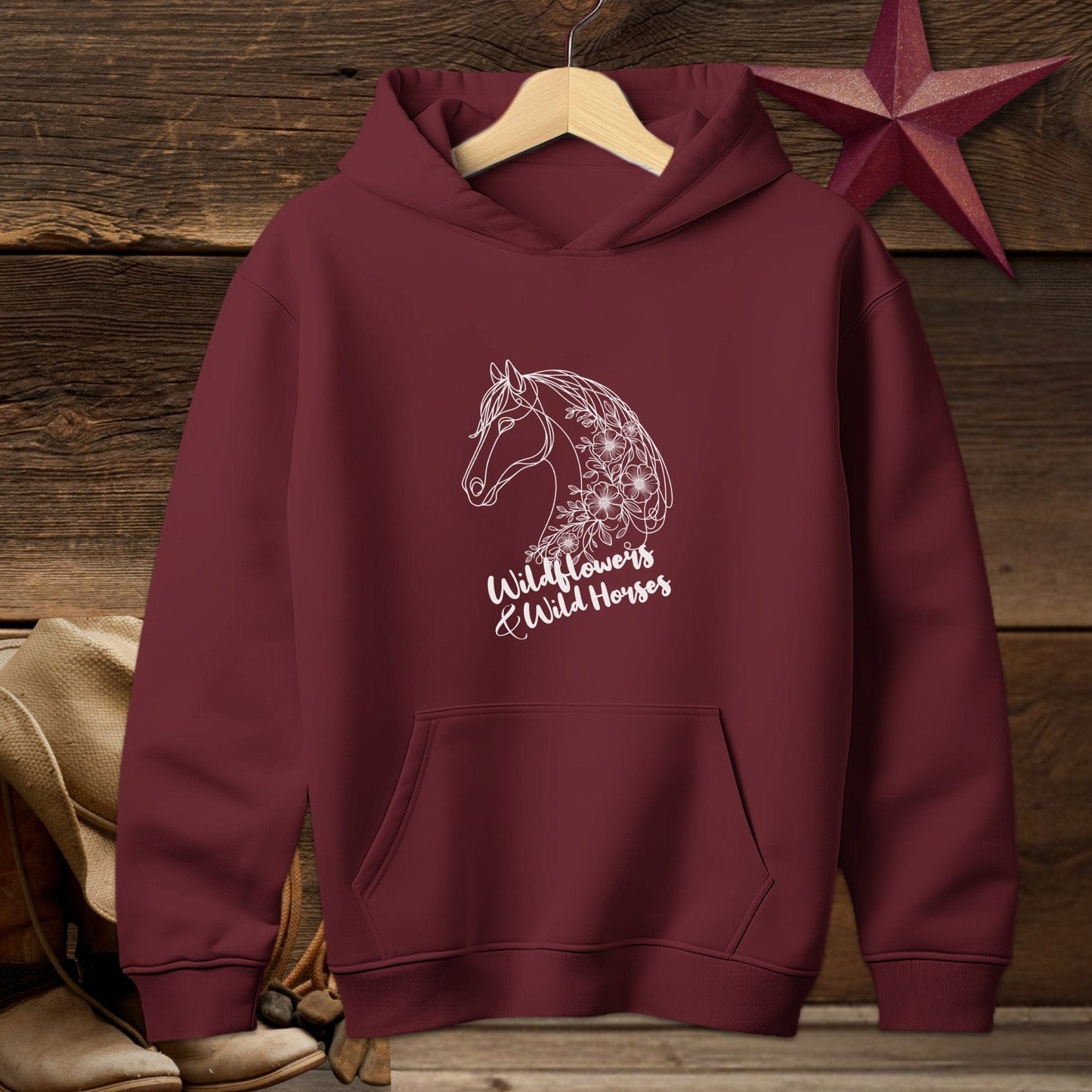 Youth Shirts Hooded Sweatshirt Youth / Maroon / S Wildflowers And Wild Horses - Youth Shirt