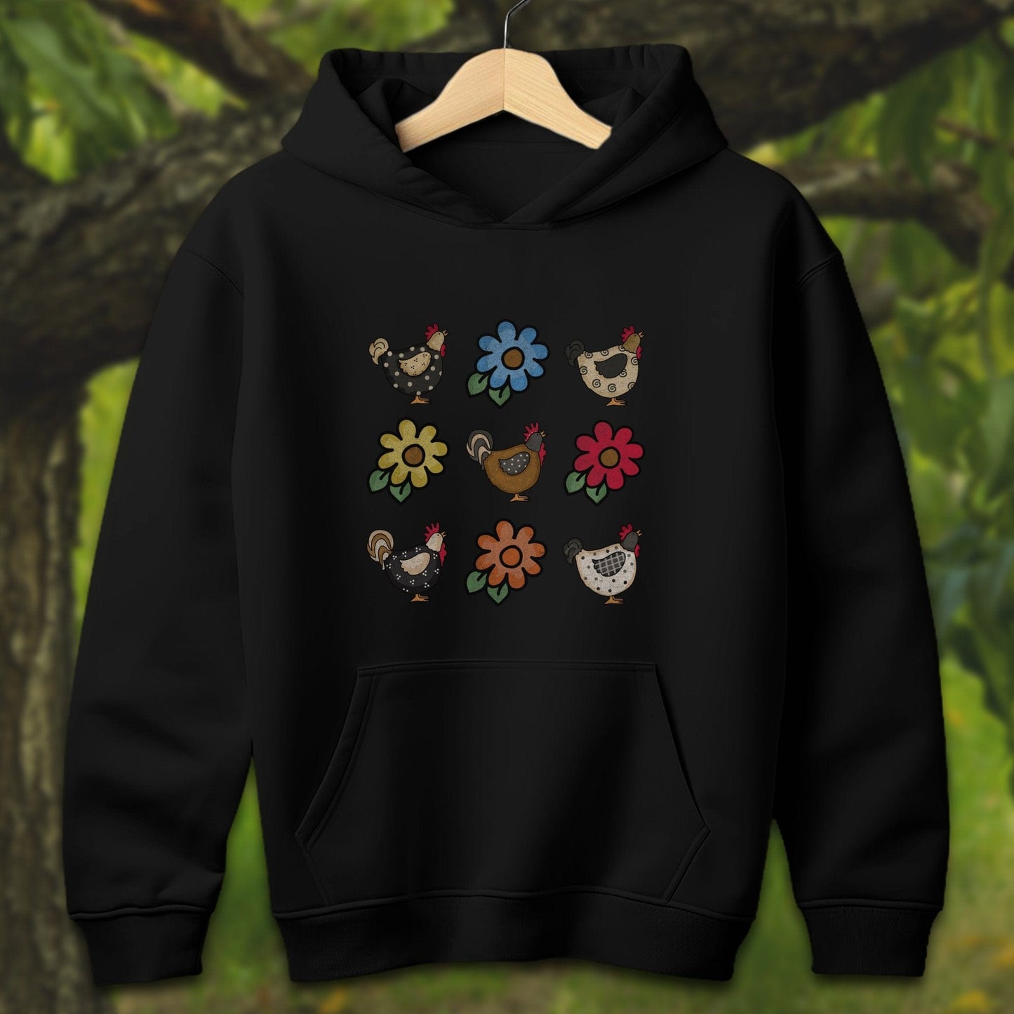 Youth Shirts Hooded Sweatshirt Youth / S / Black Chickens and Flowers - Youth Shirt