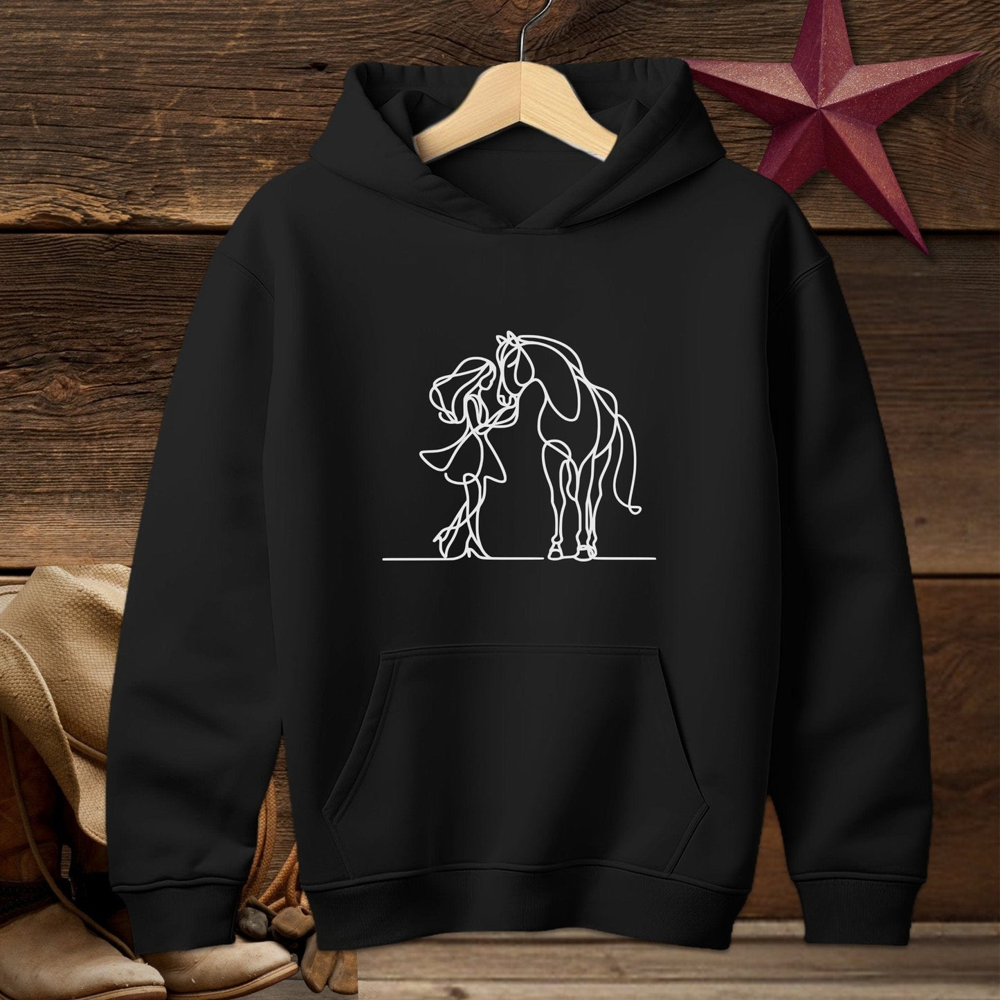 Youth Shirts Hooded Sweatshirt Youth / S / Black Lady and Horse Art Youth Shirt