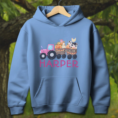 Youth Shirts Hooded Sweatshirt Youth / S / Carolina Blue Personalized Cute Pink Tractor - Youth Shirt