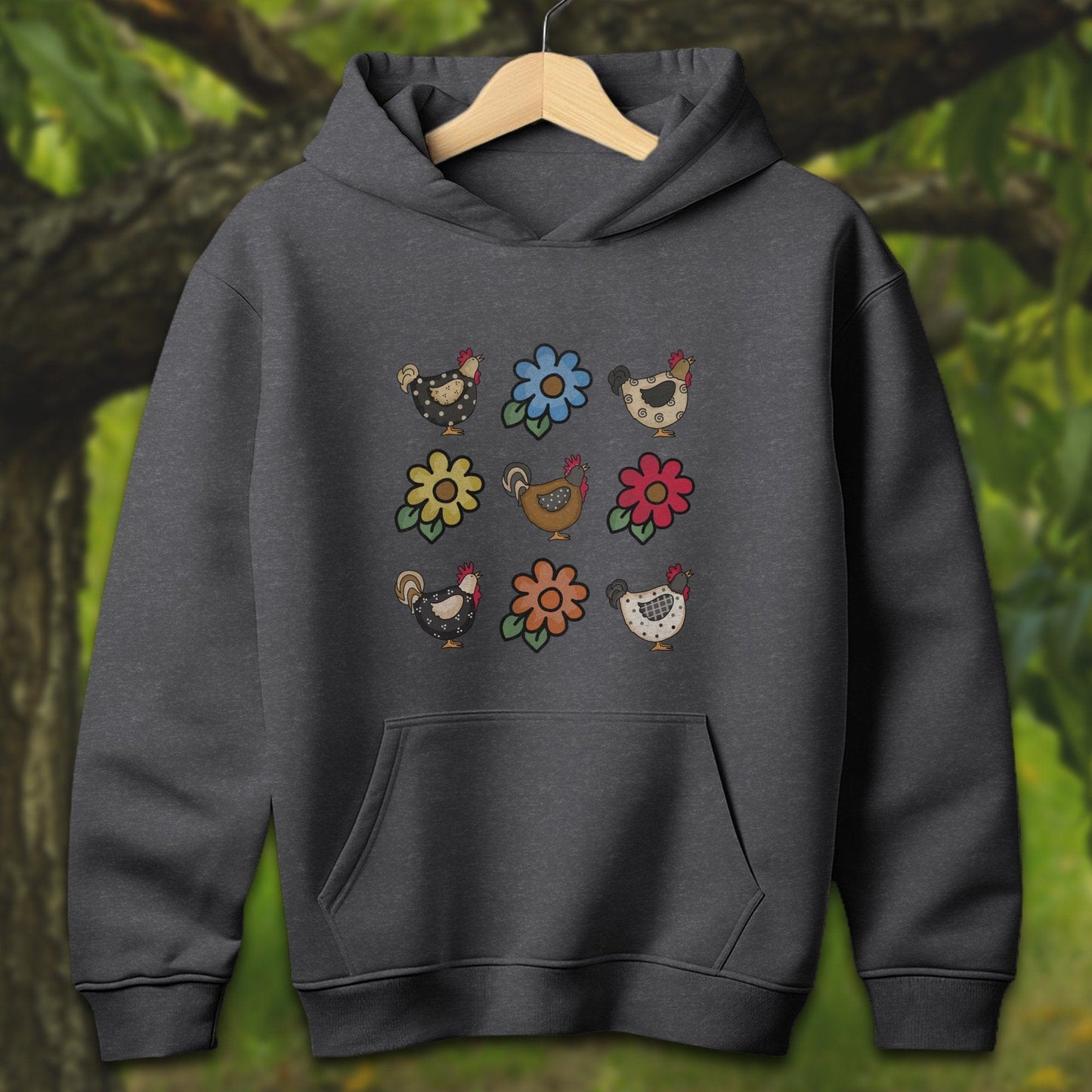 Youth Shirts Hooded Sweatshirt Youth / S / Dark Heather Chickens and Flowers - Youth Shirt