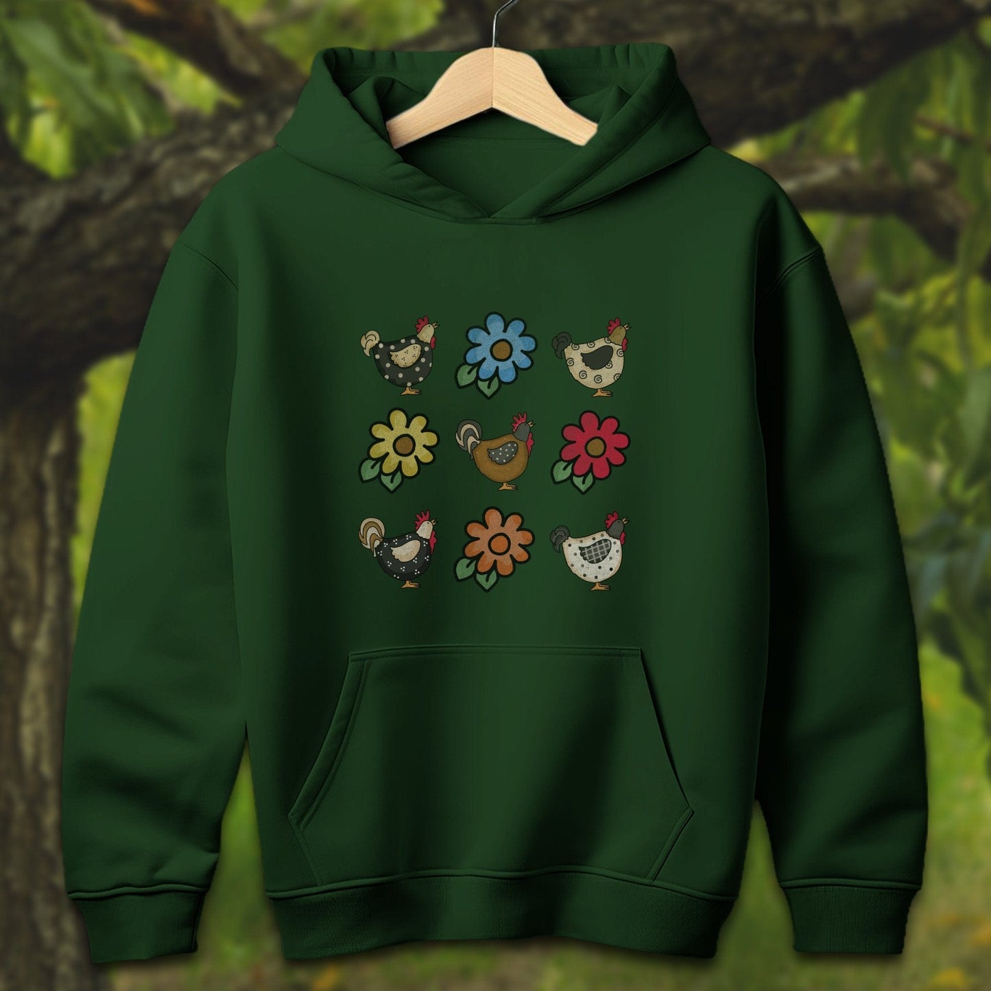 Youth Shirts Hooded Sweatshirt Youth / S / Forest Green Chickens and Flowers - Youth Shirt