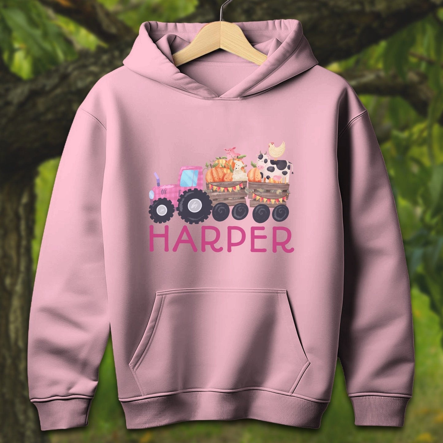 Youth Shirts Hooded Sweatshirt Youth / S / Light Pink Personalized Cute Pink Tractor - Youth Shirt