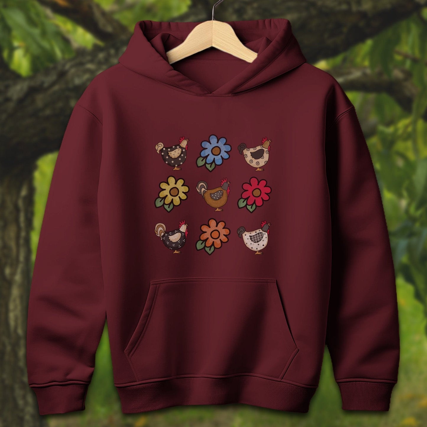 Youth Shirts Hooded Sweatshirt Youth / S / Maroon Chickens and Flowers - Youth Shirt