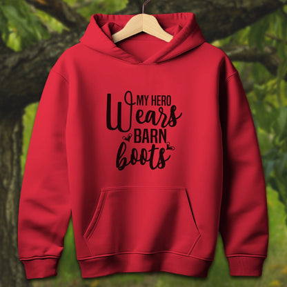 Youth Shirts Hooded Sweatshirt Youth / S / Red My Hero Wears Barn Boots - Youth Shirt