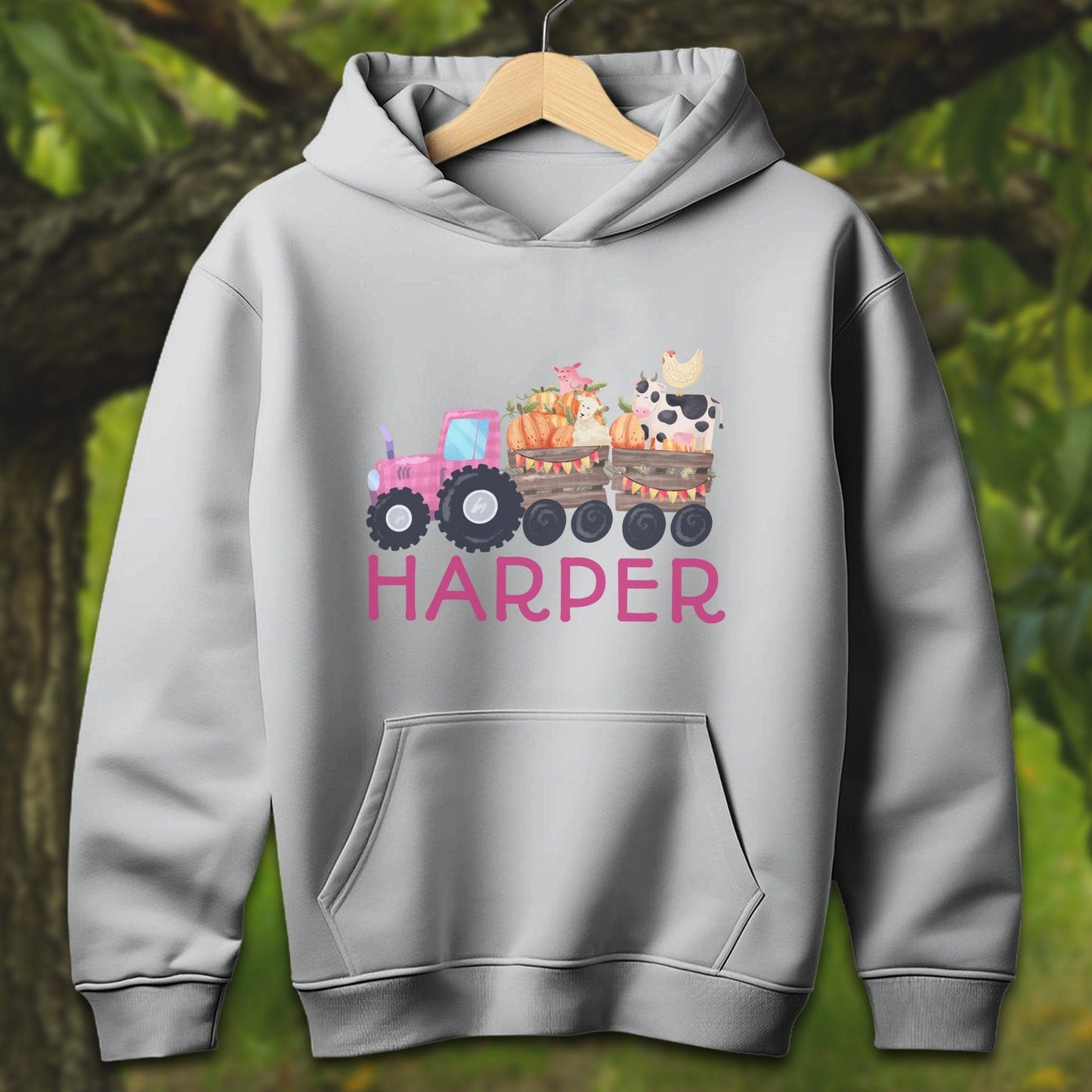 Youth Shirts Hooded Sweatshirt Youth / S / Sport Grey Personalized Cute Pink Tractor - Youth Shirt