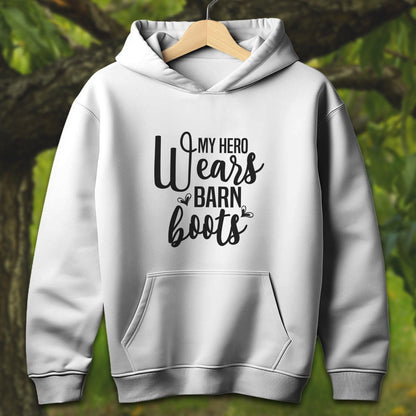 Youth Shirts Hooded Sweatshirt Youth / S / White My Hero Wears Barn Boots - Youth Shirt