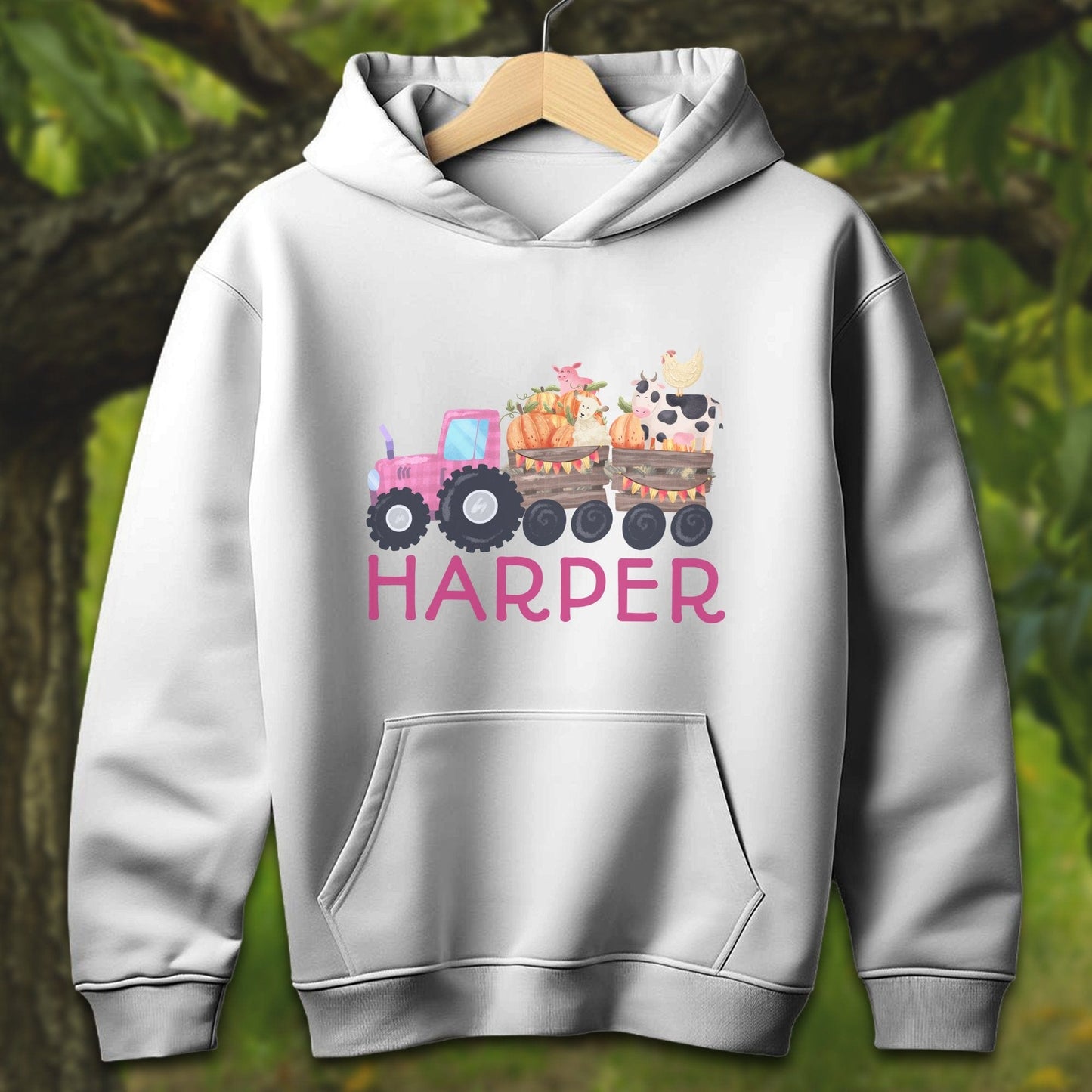 Youth Shirts Hooded Sweatshirt Youth / S / White Personalized Cute Pink Tractor - Youth Shirt