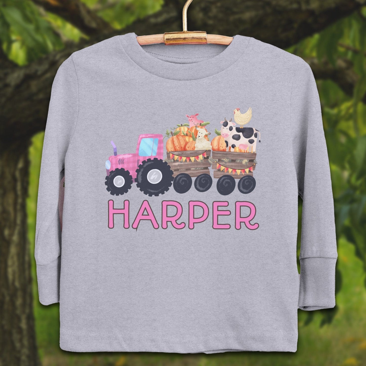 Youth Shirts Long Sleeve Toddler / 2T / Heather Personalized Cute Pink Tractor - Youth Shirt