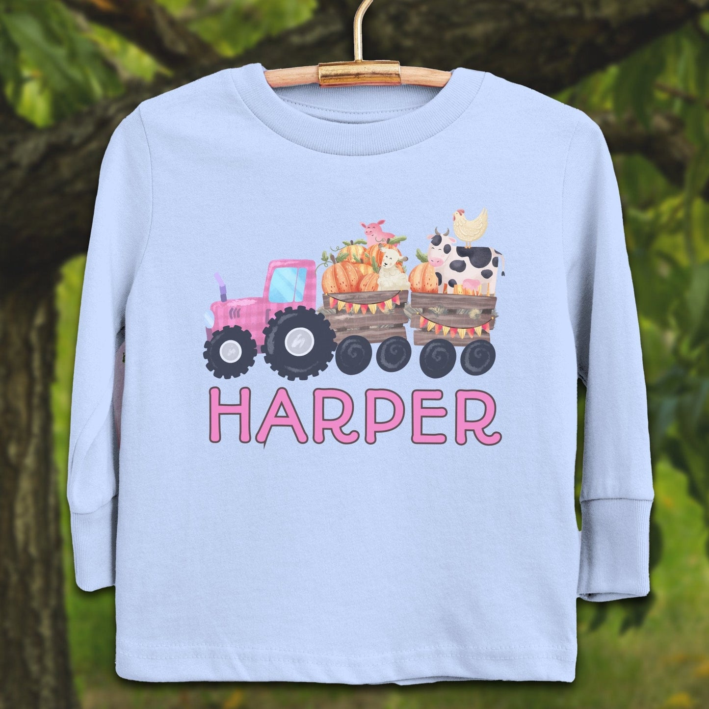 Youth Shirts Long Sleeve Toddler / 2T / Light Blue Personalized Cute Pink Tractor - Youth Shirt