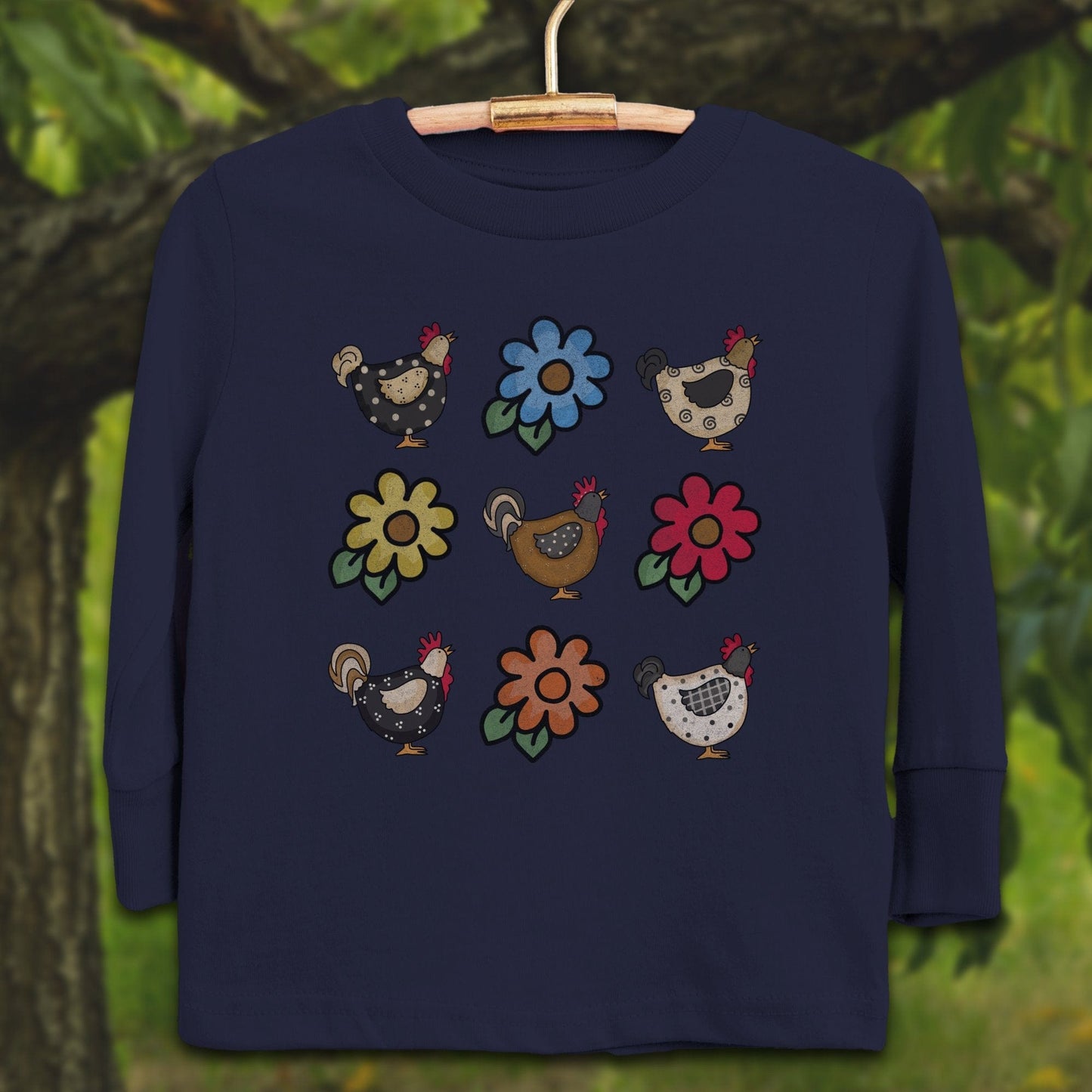 Youth Shirts Long Sleeve Toddler / 2T / Navy Chickens and Flowers - Youth Shirt