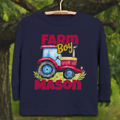 Youth Shirts Long Sleeve Toddler / 2T / Navy Personalized Farm Boy - Youth Shirt