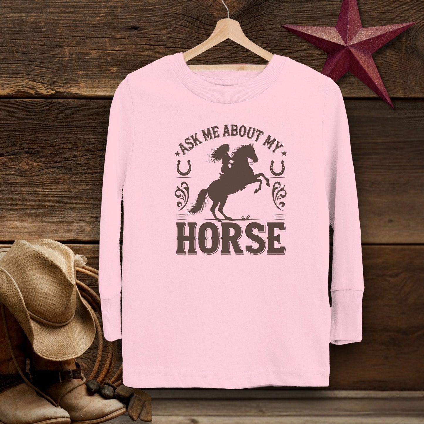 Youth Shirts Long Sleeve Toddler / 2T / Pink Ask Me About My Horse Shirt