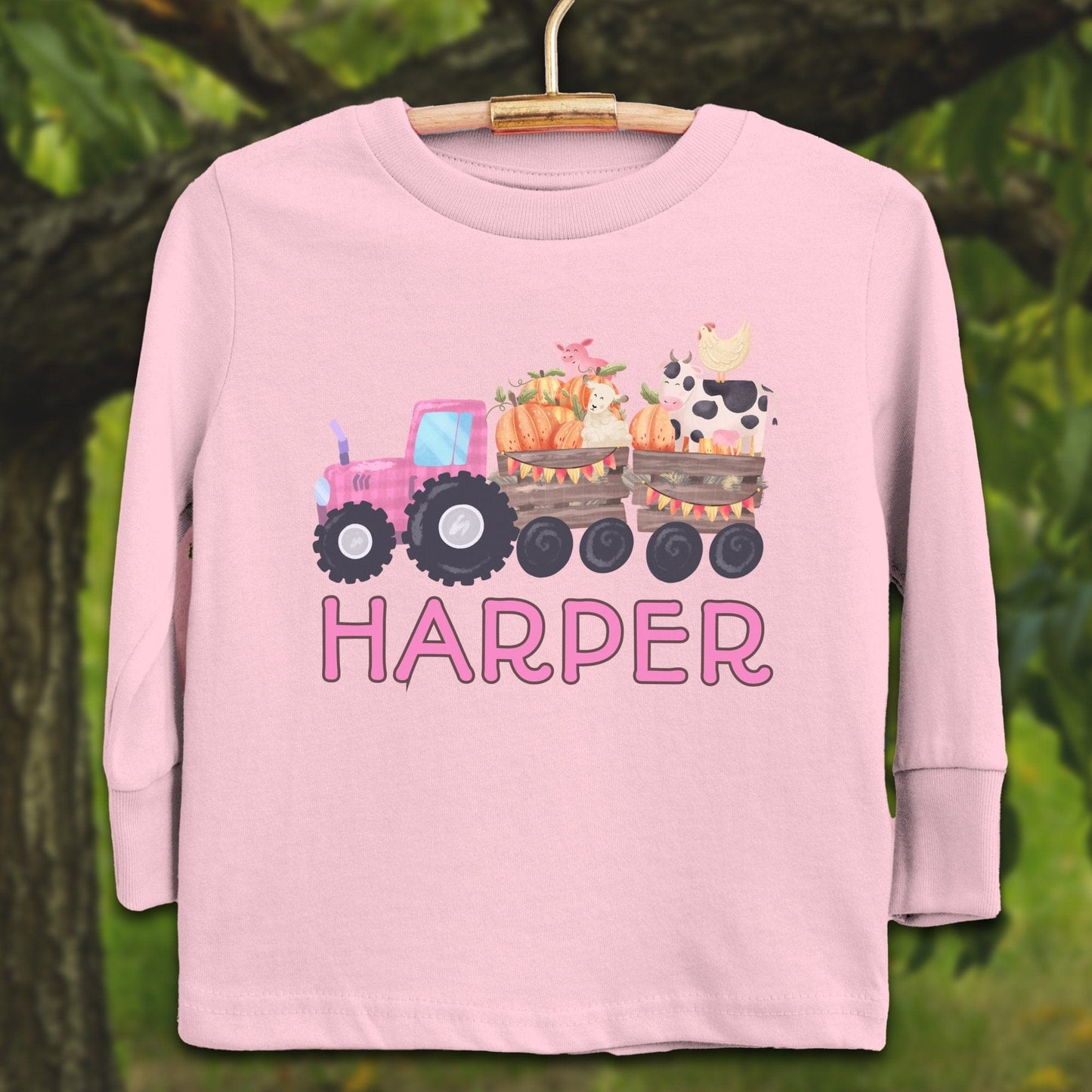 Youth Shirts Long Sleeve Toddler / 2T / Pink Personalized Cute Pink Tractor - Youth Shirt