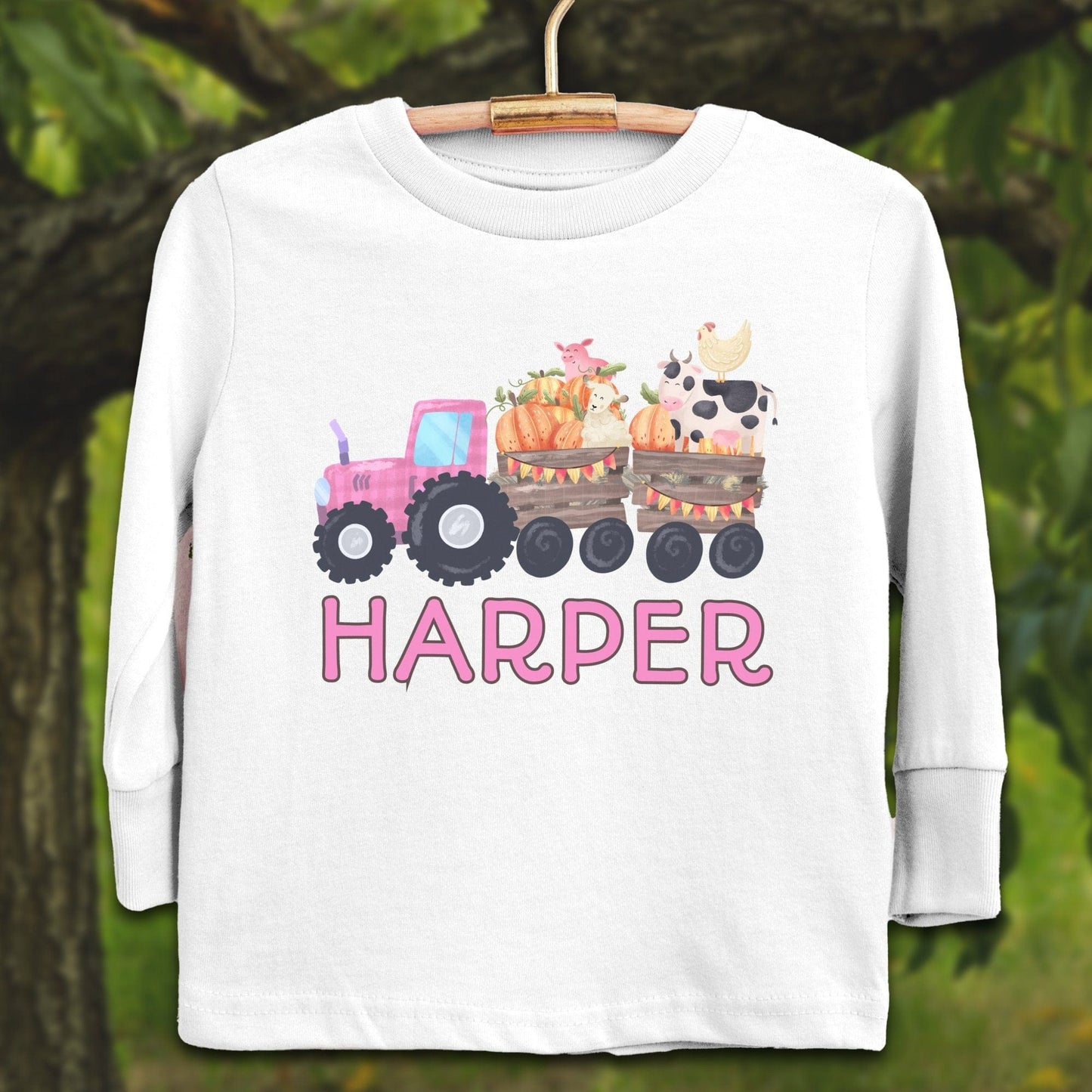 Youth Shirts Long Sleeve Toddler / 2T / White Personalized Cute Pink Tractor - Youth Shirt