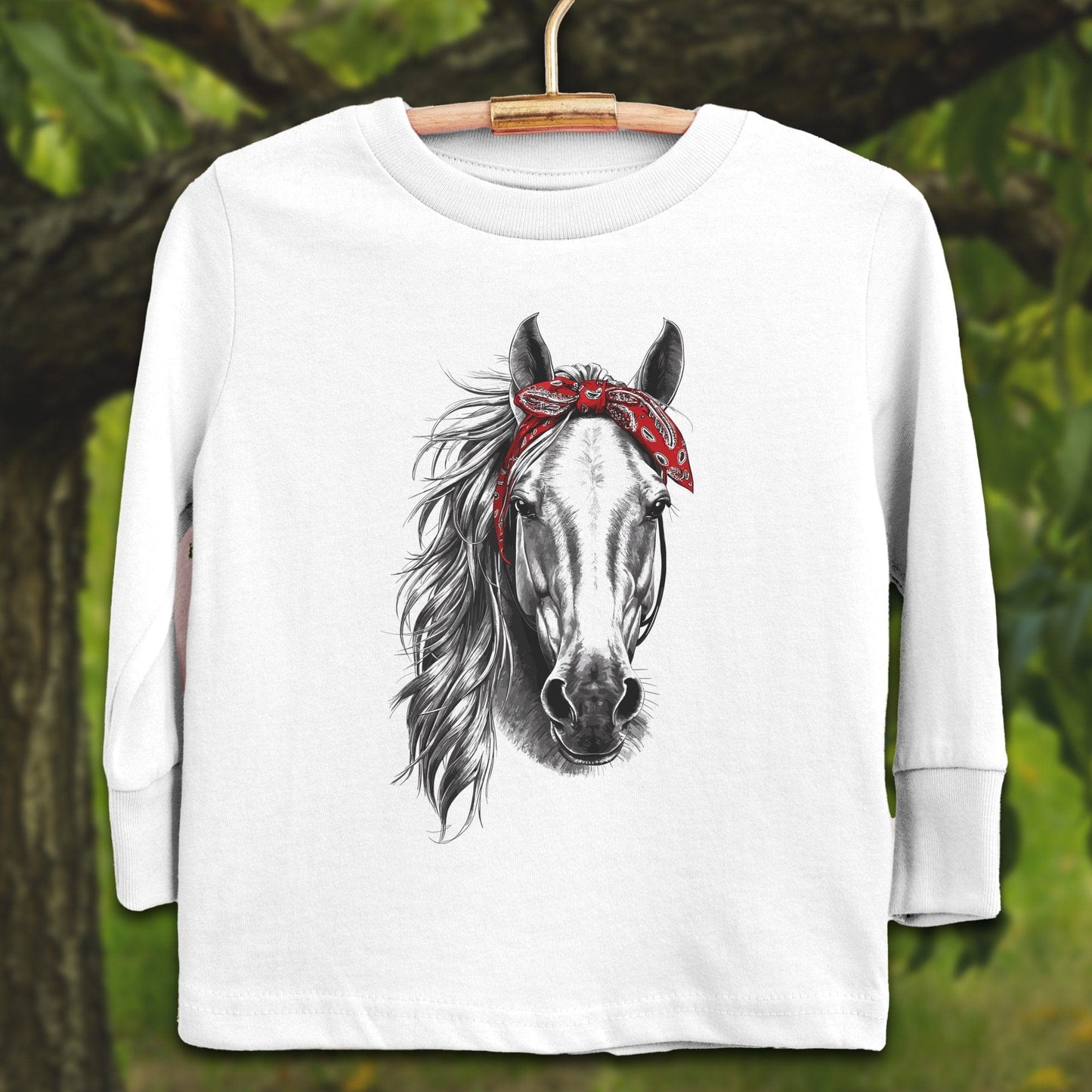 Youth Shirts Long Sleeve Toddler / 2T / White Stylish Horse with Red Bandana - Youth Shirt