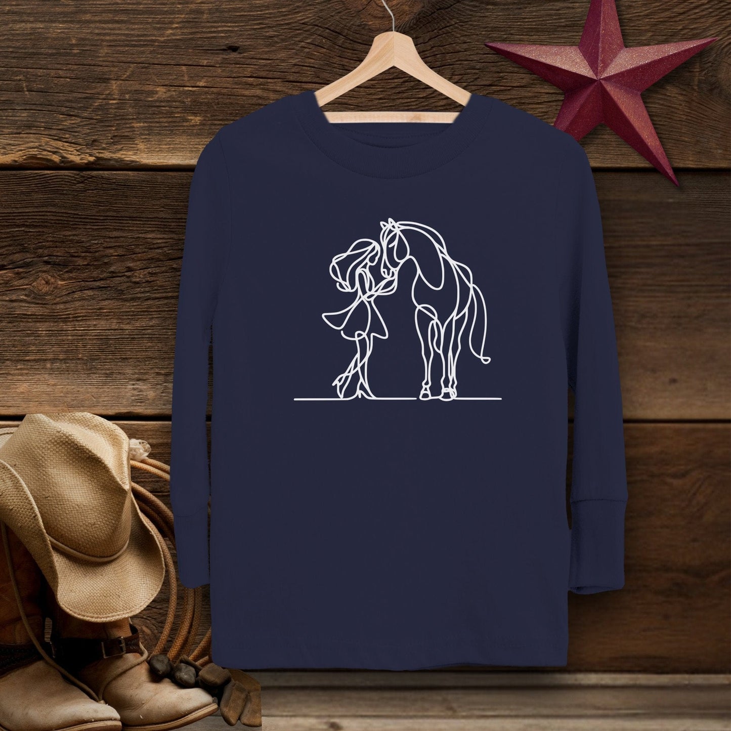 Youth Shirts Long Sleeve Toddler / Navy / 2T Lady and Horse Art Toddler Shirt