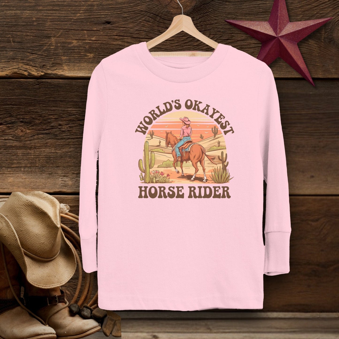 Youth Shirts Long Sleeve Toddler / Pink / 2T World's Okayest Horse Rider Shirt