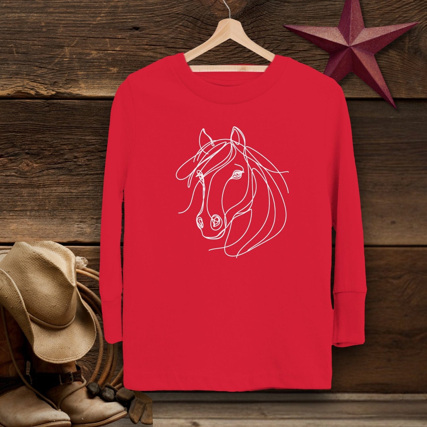 Youth Shirts Long Sleeve Toddler / Red / 2T Elegant Horse Line Art -Toddler Shirt