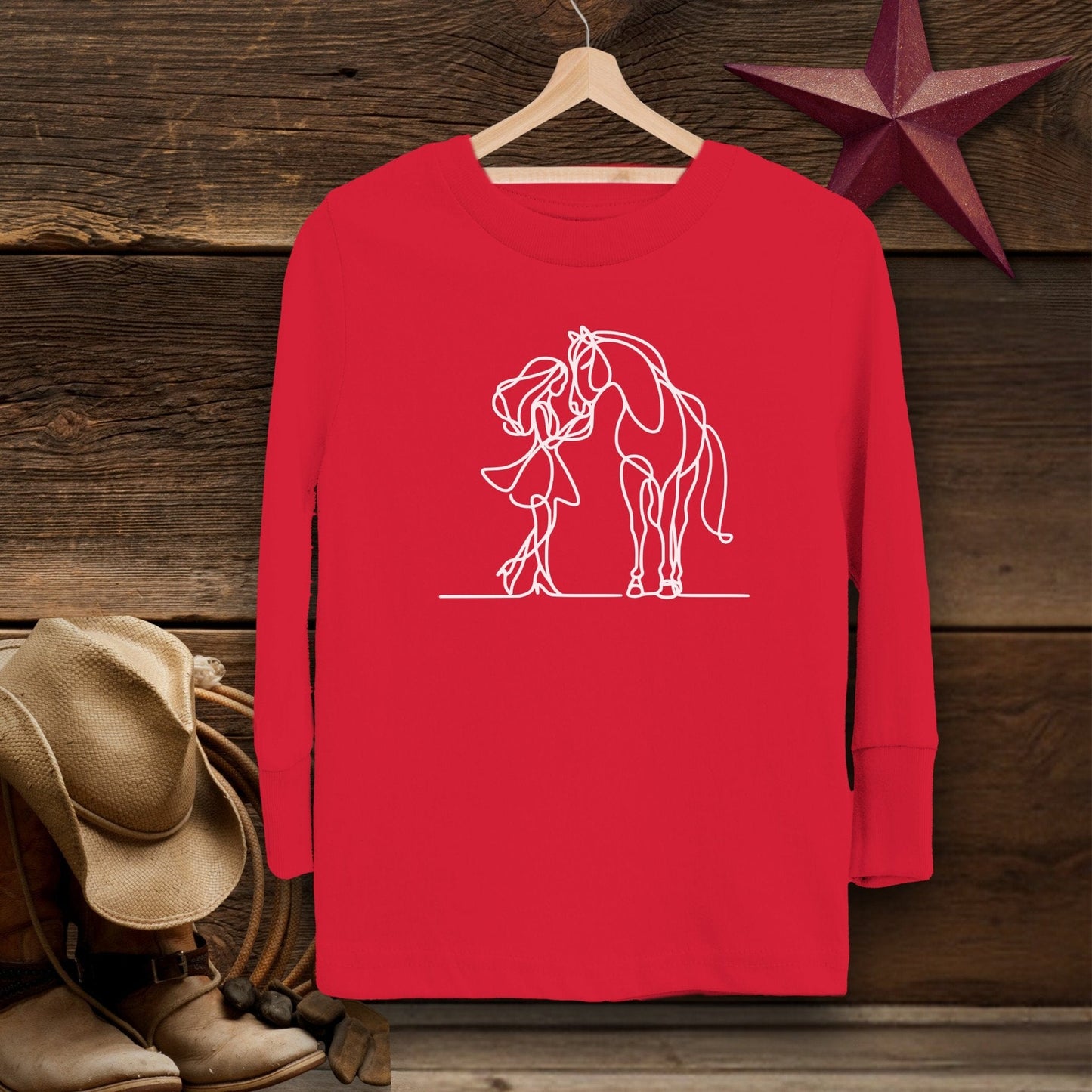 Youth Shirts Long Sleeve Toddler / Red / 2T Lady and Horse Art Toddler Shirt